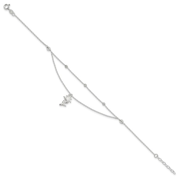 925 Sterling Silver Polished 2-Strand Palm Tree Charm 9" + 1" Ext Anklet - Picture 2 of 7